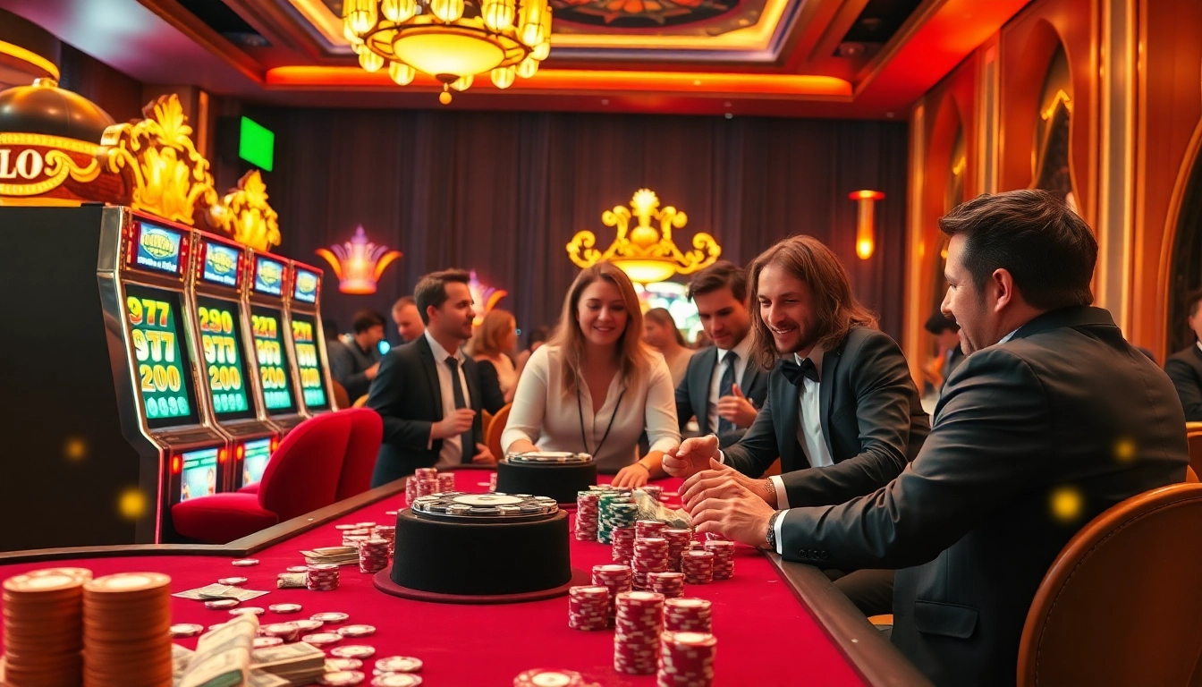 Winning action at an IDN slot machine with glamorous casino ambiance and excited players.