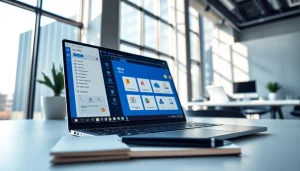 在现代办公空间的笔记本电脑上显示的 WPS Office，激发生产力与创新。