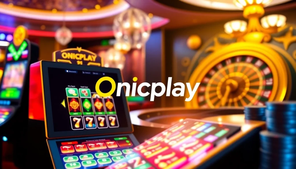 Engaging online gambling interface featuring onicplay logo, vibrant slot machine, and roulette wheel.