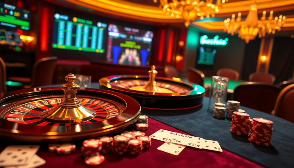 Engaging gamblers at trang cá cược vua99 with vibrant casino elements like roulette wheels, poker chips, and online interfaces.