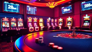 Engage with the thrilling world of 28Bet through vibrant casino visuals featuring poker tables and roulette wheels.