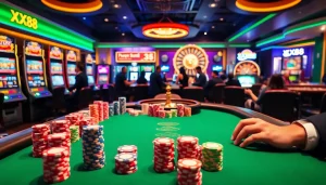 Experience the thrill of winning at XX88's luxurious casino, featuring poker tables and vibrant slot machines.