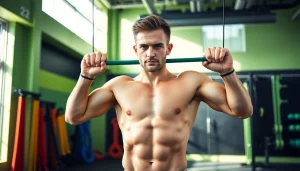 Fit individual using resistance bands for pull-ups, showcasing a healthy gym environment.