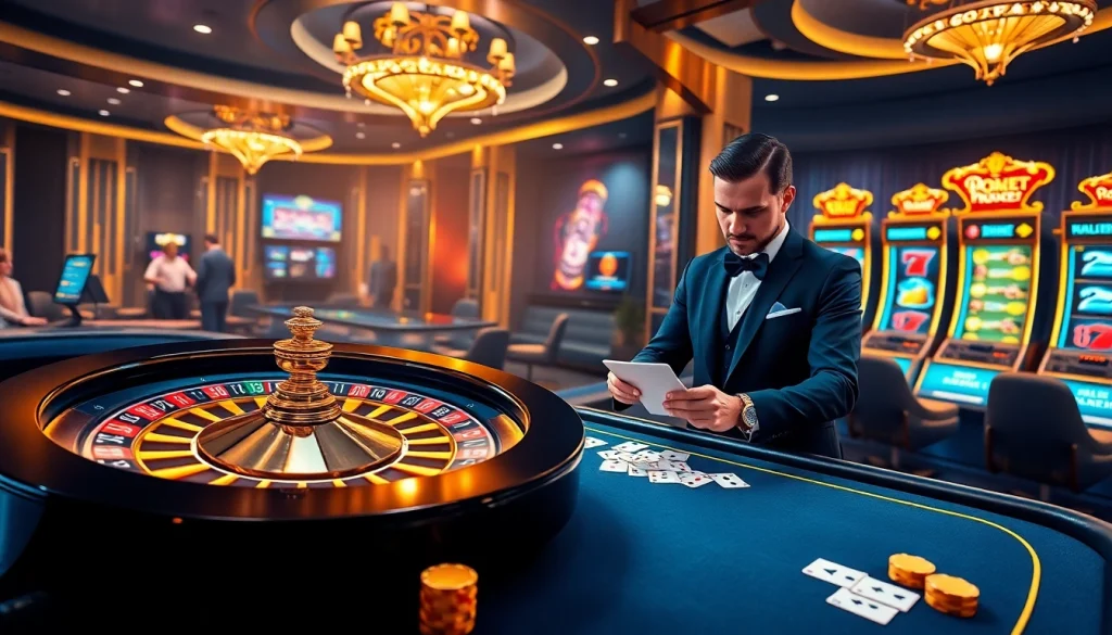 Découvrez l'excitation du casino en ligne français avec une scène de jeu dynamique comprenant la roulette et le poker.