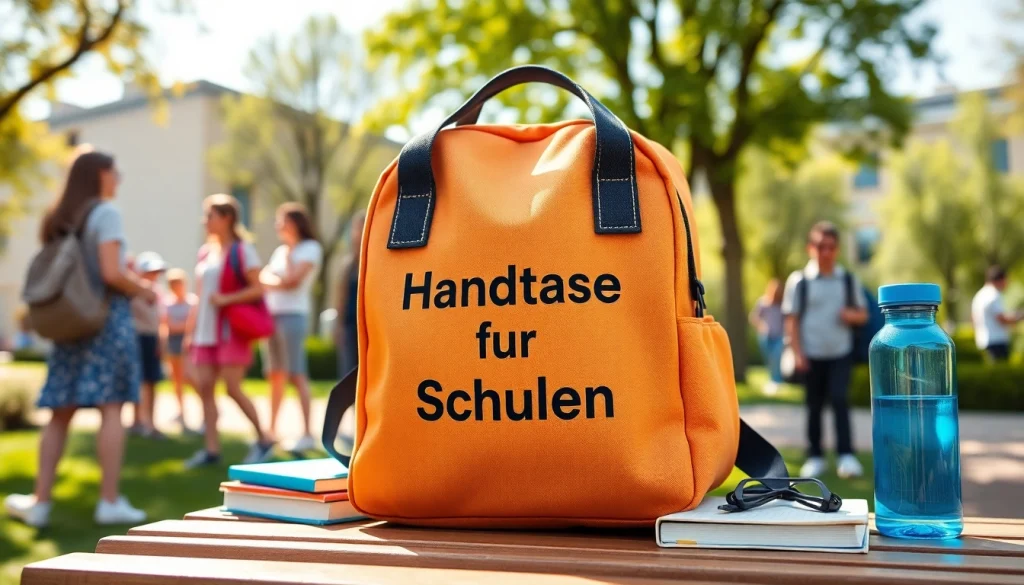 Handtasche für Schulen auf einer Bank mit Schulbüchern und einem Energieschub für Schüler.