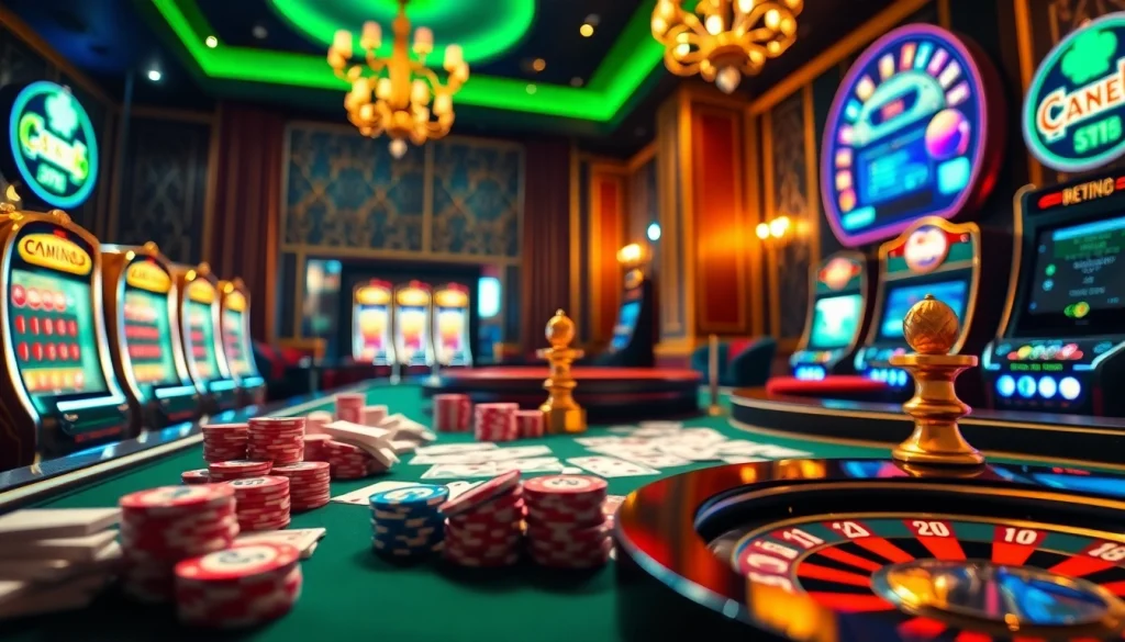 Scène engageante d'un 'casino en ligne français' avec des tables vibrantes, des jetons et une roulette.
