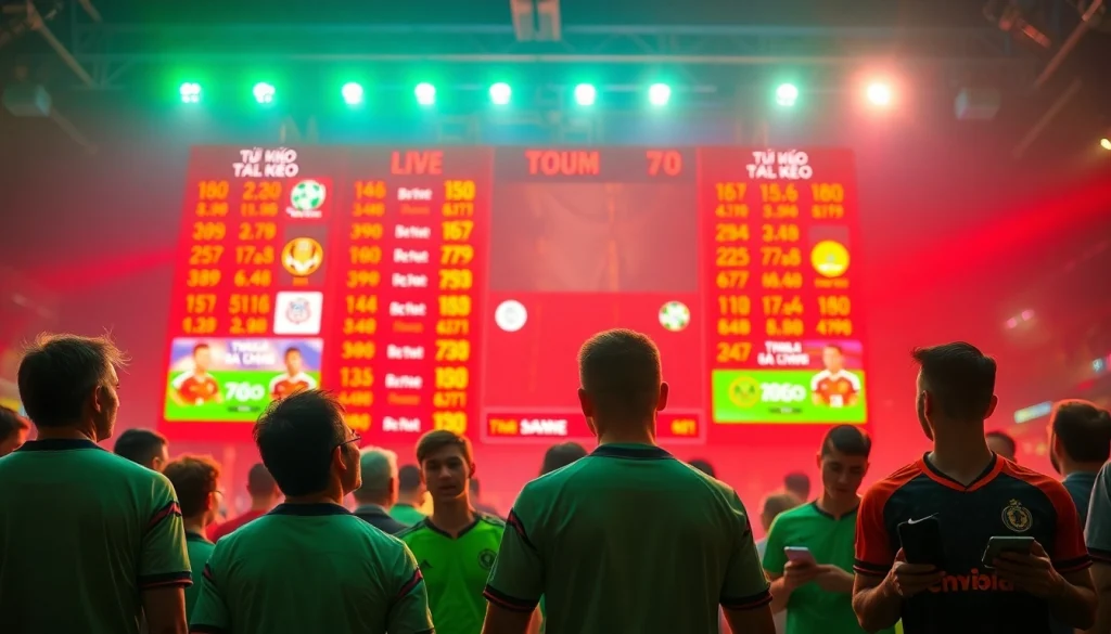 Engaged fans celebrating as they view tỷ lệ kèo on a digital scoreboard during a football match.