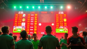 Engaged fans celebrating as they view tỷ lệ kèo on a digital scoreboard during a football match.