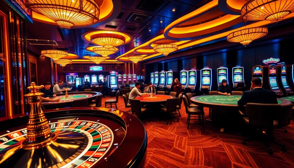 Découvrez l'excitation d'un casino en ligne français avec des joueurs autour d'une roulette dynamique et de tables de poker.