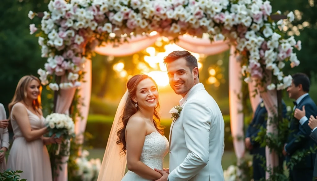 A couple in an outdoor wedding photography scene, celebrating love amidst floral decor.