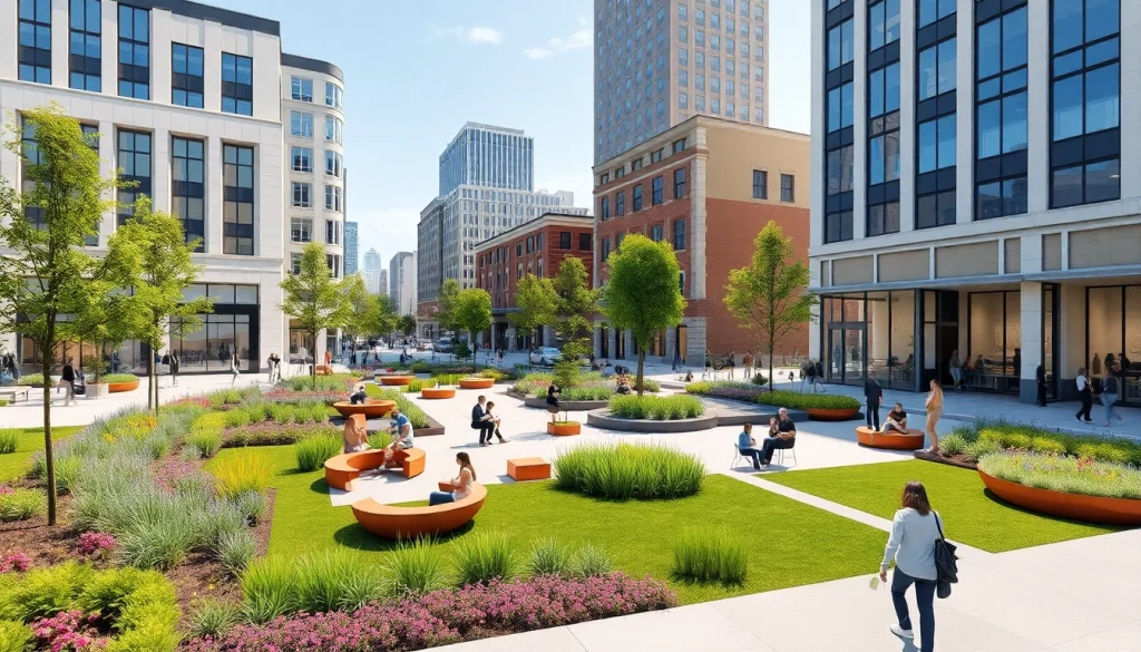 Architectural rendering of North Main Makeover featuring modern buildings and vibrant landscaping.