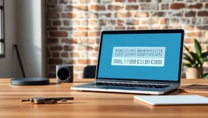 Morse code converter displayed on a laptop in a modern workspace.