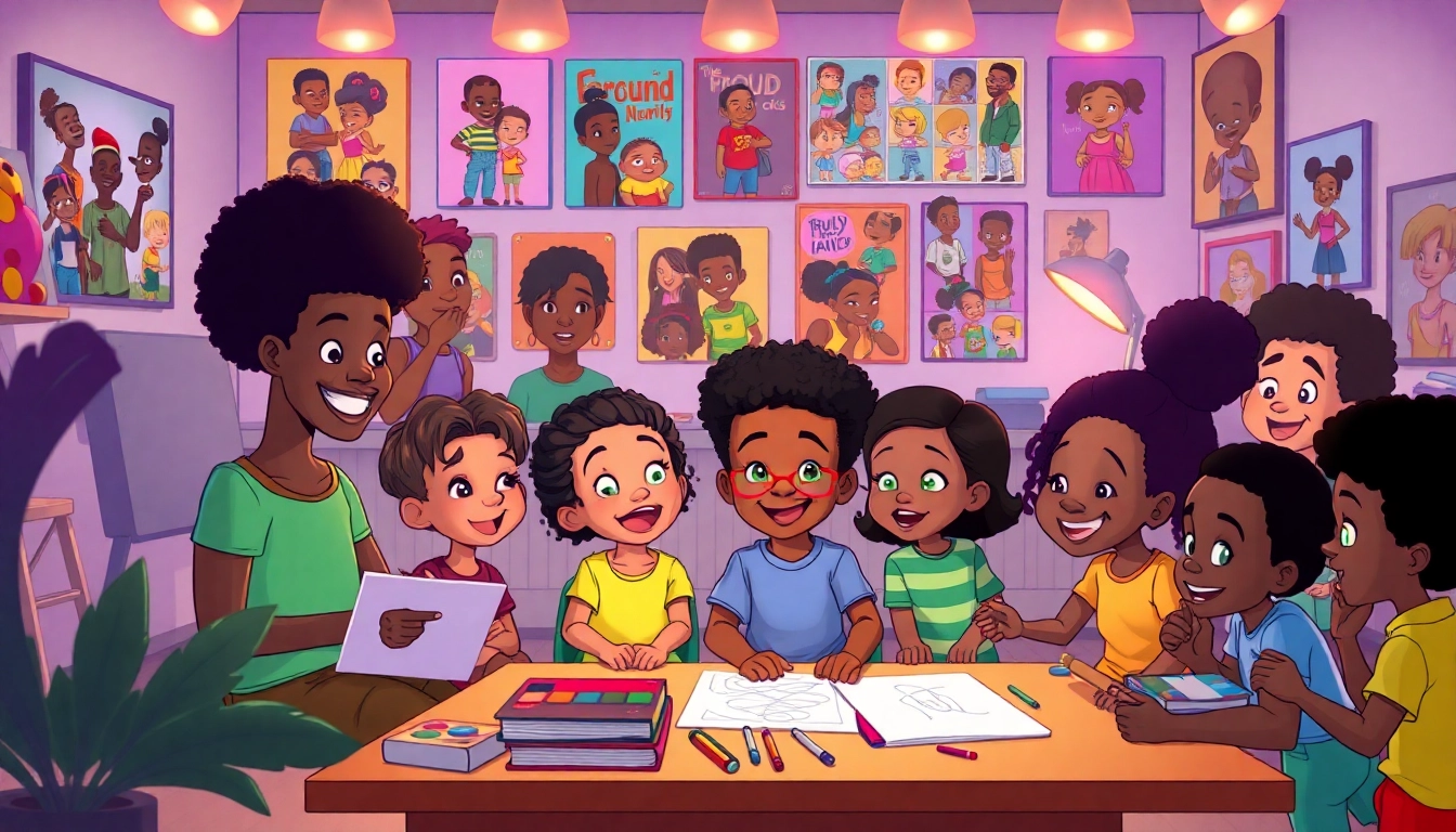 A vibrant scene featuring children interacting with beloved African American cartoons like The Boondocks and The Proud Family.