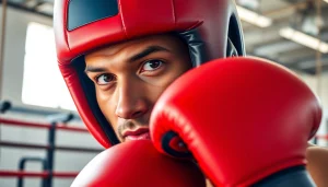 Professioneller Boxer mit hochwertigem headgear boxing bereit für das Training im Fitnessstudio.