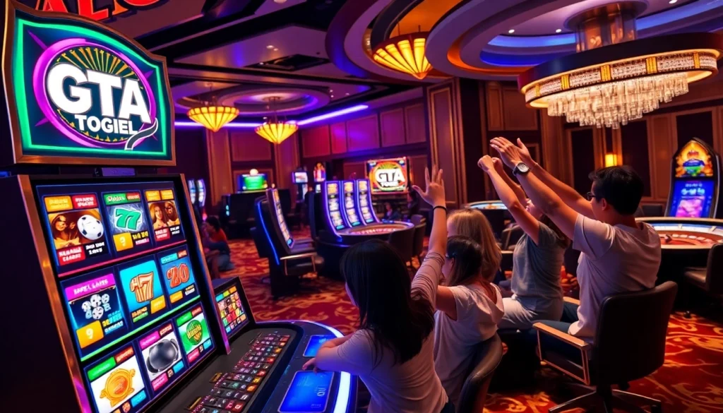 Players celebrating wins at a vibrant GTA Togel slot machine casino scene.