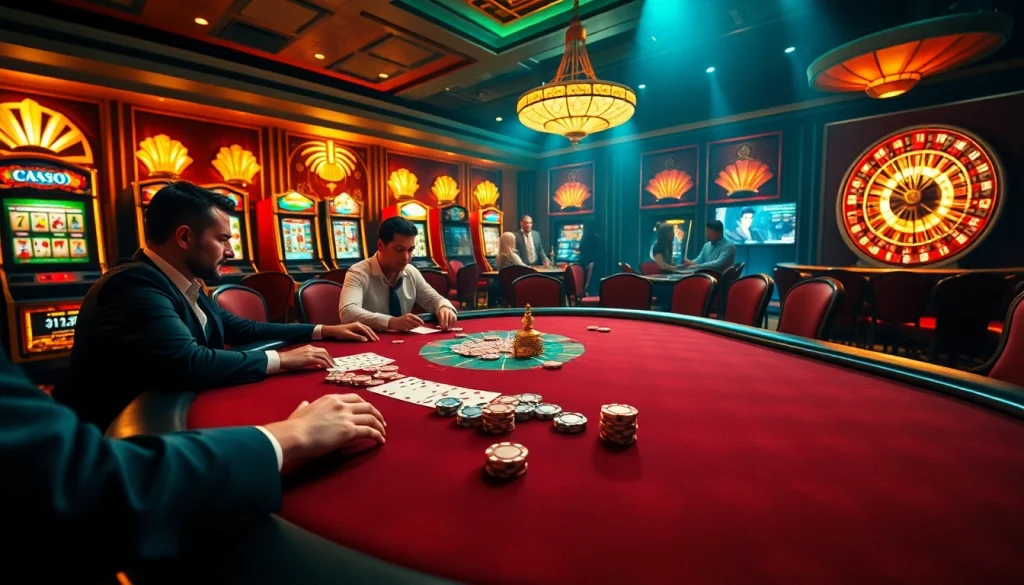 Action de poker passionnante à une table de casino fiable en ligne, mettant en avant des joueurs et des jetons.
