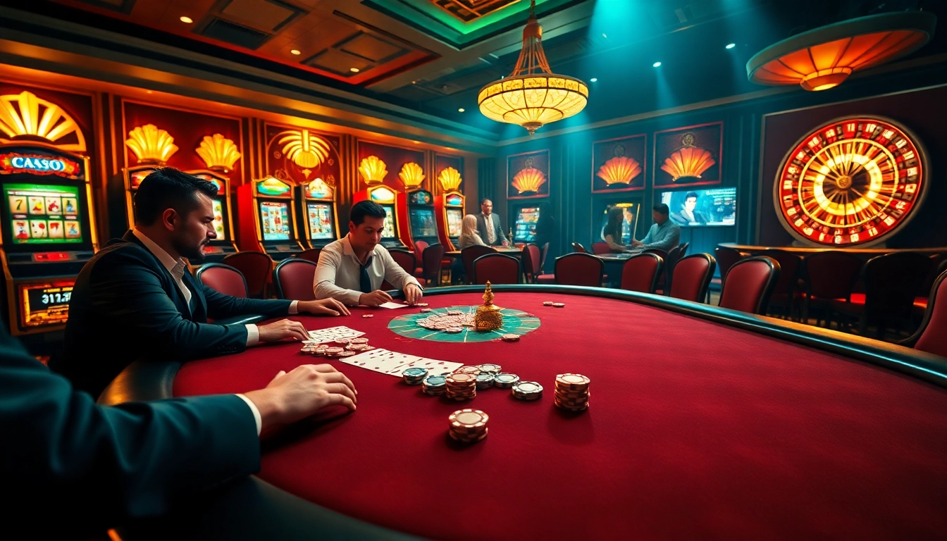 Action de poker passionnante à une table de casino fiable en ligne, mettant en avant des joueurs et des jetons.