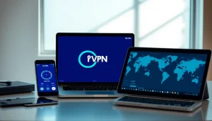 现代工作区中的快连VPN，展示笔记本电脑、智能手机和平板电脑，提供安全的互联网访问。