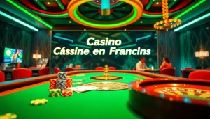 Une scène excitante de casino en ligne francais avec des jetons de poker, des cartes et une roue de roulette mettant en avant un gameplay palpitant.