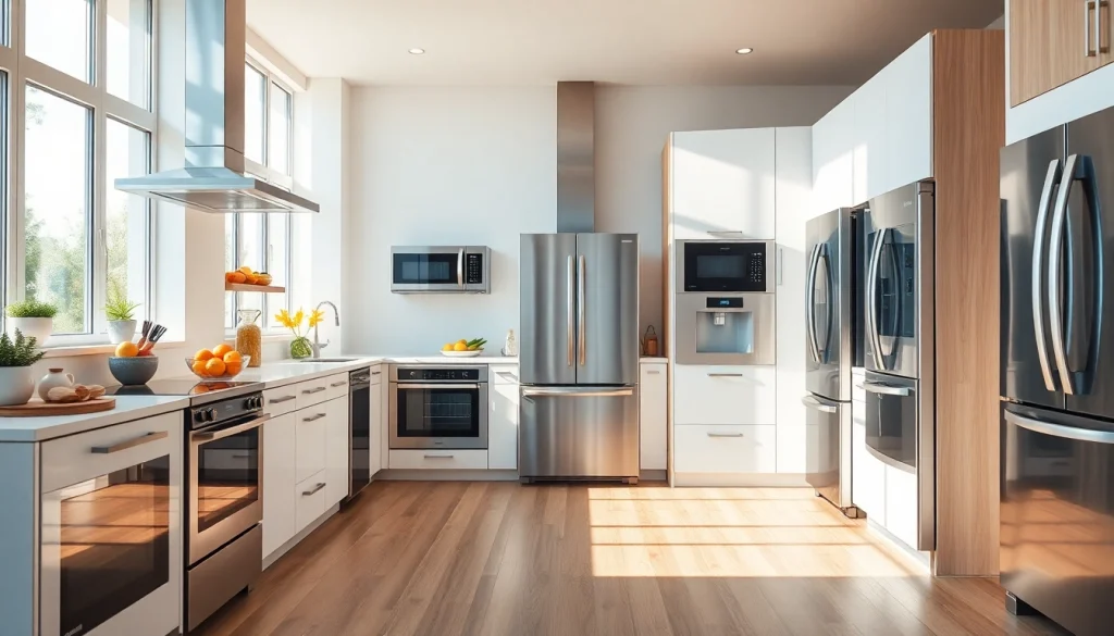 Showcase of home appliances in a modern kitchen setting highlighting efficiency and design.