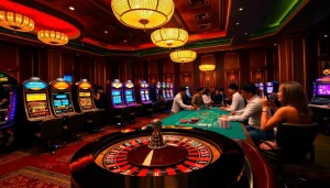 Experiência de jogo emocionante no 77qq bet com uma atmosfera de cassino luxuosa.