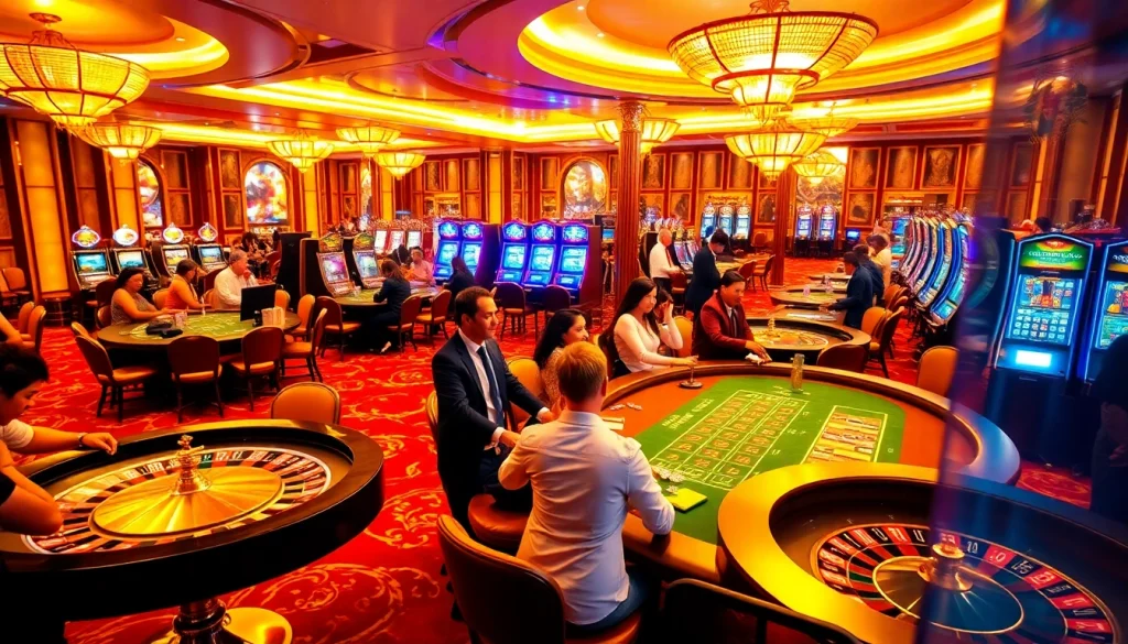 Vivez l'excitation dans un casino en ligne français avec des joueurs diversifiés autour de tables de jeu animées.