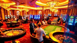 Vivez l'excitation dans un casino en ligne français avec des joueurs diversifiés autour de tables de jeu animées.