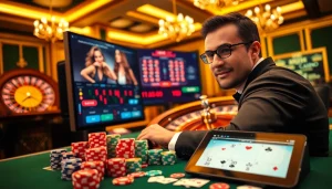 Joueur engagé profitant du casino en ligne francais dans un cadre de jeu luxueux avec des éléments vibrants.