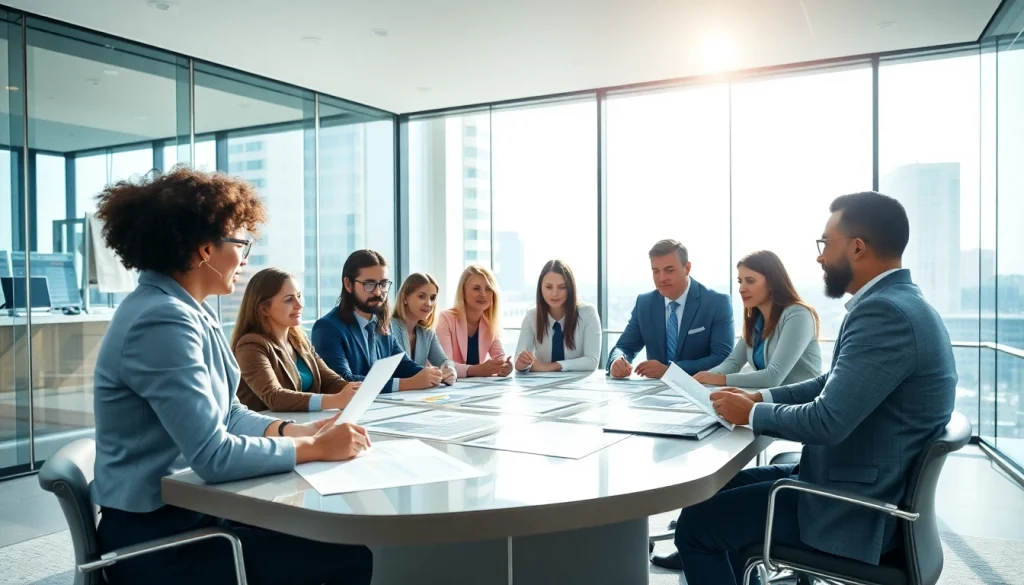 Engaged professionals conducting a Bid-No-Bid Analysis discussion in a bright office.