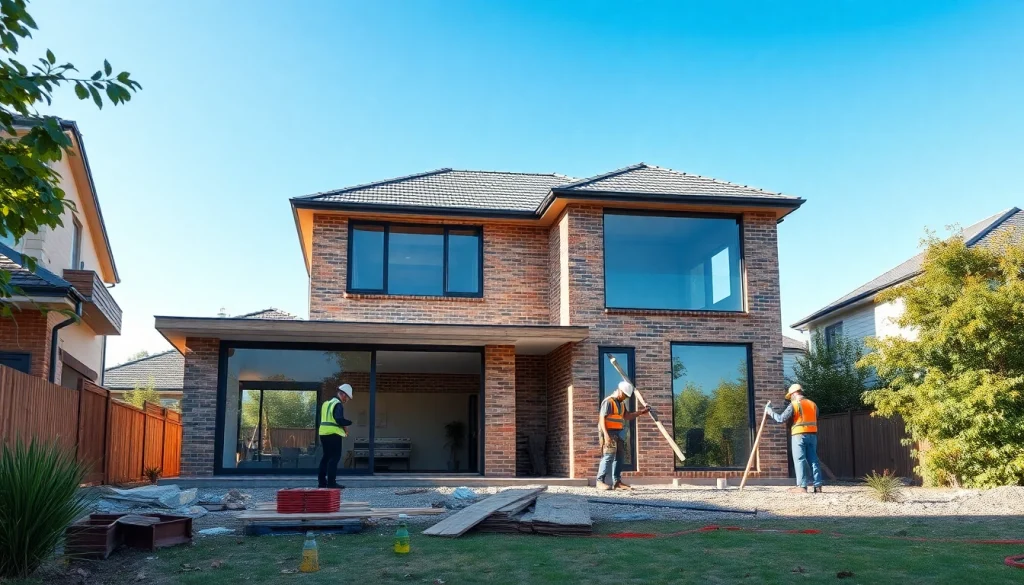 House extension construction showcasing builders at work, integrating new designs with existing structure.