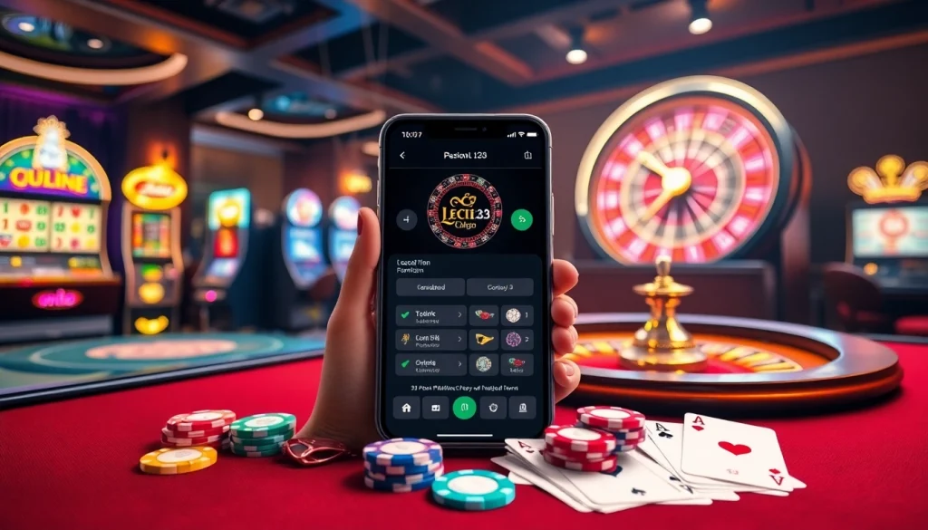 Experience online thrills with the Platform Leci123 app displayed amidst a vibrant casino atmosphere.