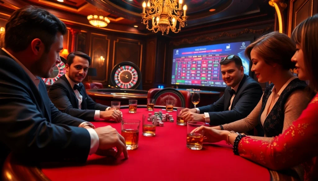 Joueurs plongés dans une partie de poker à enjeux élevés dans un casino en ligne français, entourés de jetons colorés et d'une décoration luxueuse.