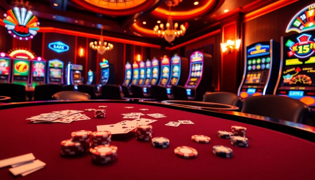 Scène engageante illustrant le casino en ligne français avec des tables de jeux vibrantes et une roulette.