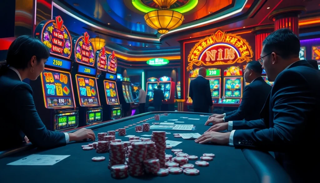 Players enjoying the thrill of nổ hũ at a luxurious casino, vibrant lights and slot machines.