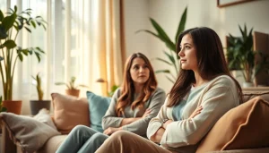 Therapist discussing depression symptoms with a client in a calming office setting.