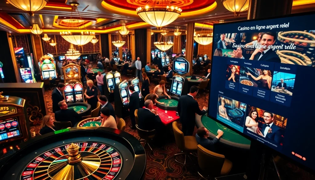 Ambiance de jeu excitante dans un casino en ligne argent réel avec poker, roulette et machines à sous.