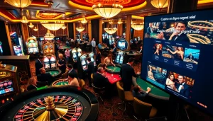 Ambiance de jeu excitante dans un casino en ligne argent réel avec poker, roulette et machines à sous.