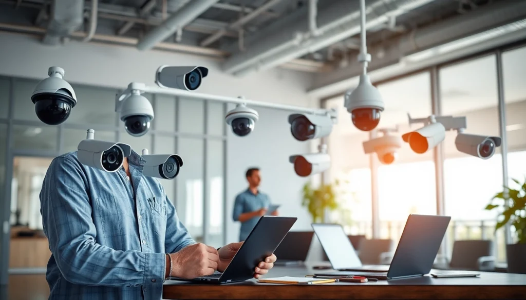 Cámaras de seguridad en Guanacaste siendo instaladas por un técnico, mostrando soluciones avanzadas de vigilancia.