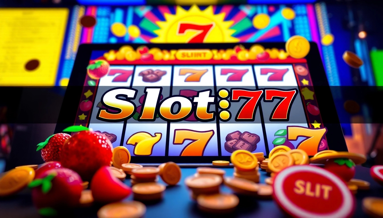 Slot77 menghadirkan permainan slot online yang menarik dengan simbol cerah dan latar belakang digital.