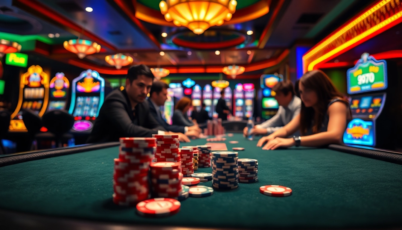 Permainan poker di kasino bbni4d dengan atmosfer penuh semangat dan pencahayaan hangat.