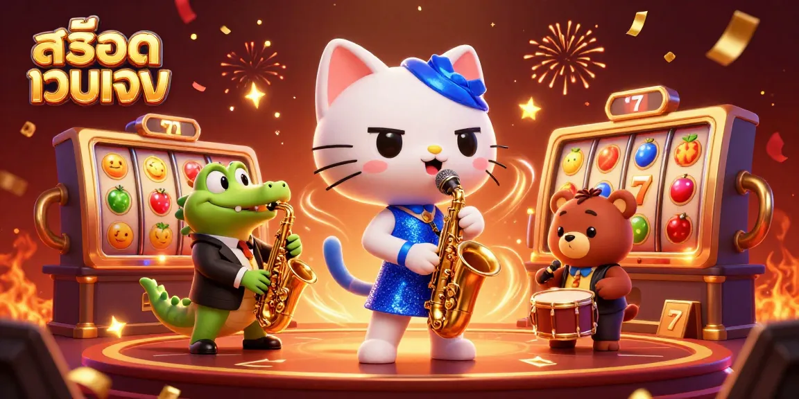 Play exciting สล็อตเว็บตรง slot games with vibrant 3D characters and rich casino elements in a dynamic scene.
