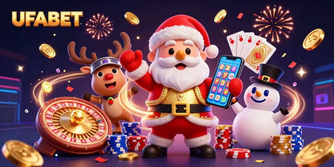 Join the fun at UFABET with Santa, reindeer, and a snowman amidst casino excitement!