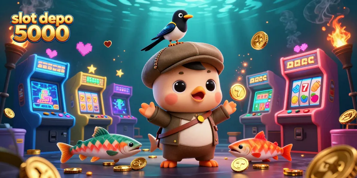 Win big at slot depo 5000 with playful characters amidst a vibrant casino setting.