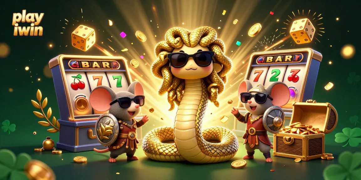 Play iwin in a lively casino scene with adorable Medusa and golden symbols