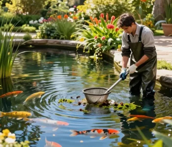 Professional Pond Cleaning Kent showcased by a technician maintaining a lush garden pond, ensuring water clarity and health.