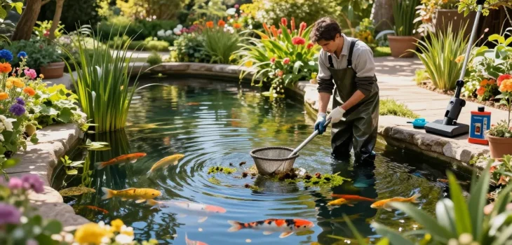 Professional Pond Cleaning Kent showcased by a technician maintaining a lush garden pond, ensuring water clarity and health.
