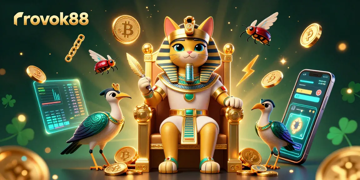 Win at rokok88 with an exciting 3D scene featuring a rich Egyptian theme and cryptocurrency elements.