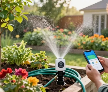 Efficient use of a wifi sprinkler controller in a colorful home garden during morning light.