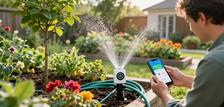Efficient use of a wifi sprinkler controller in a colorful home garden during morning light.