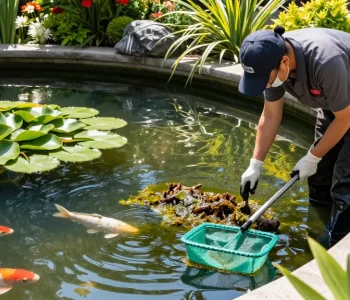 Professional Pond Cleaning Kent: Expert cleaning of a serene garden pond with vibrant koi fish and lily pads.